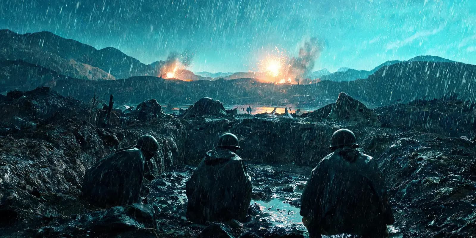 Rain-soaked soldiers in a trench