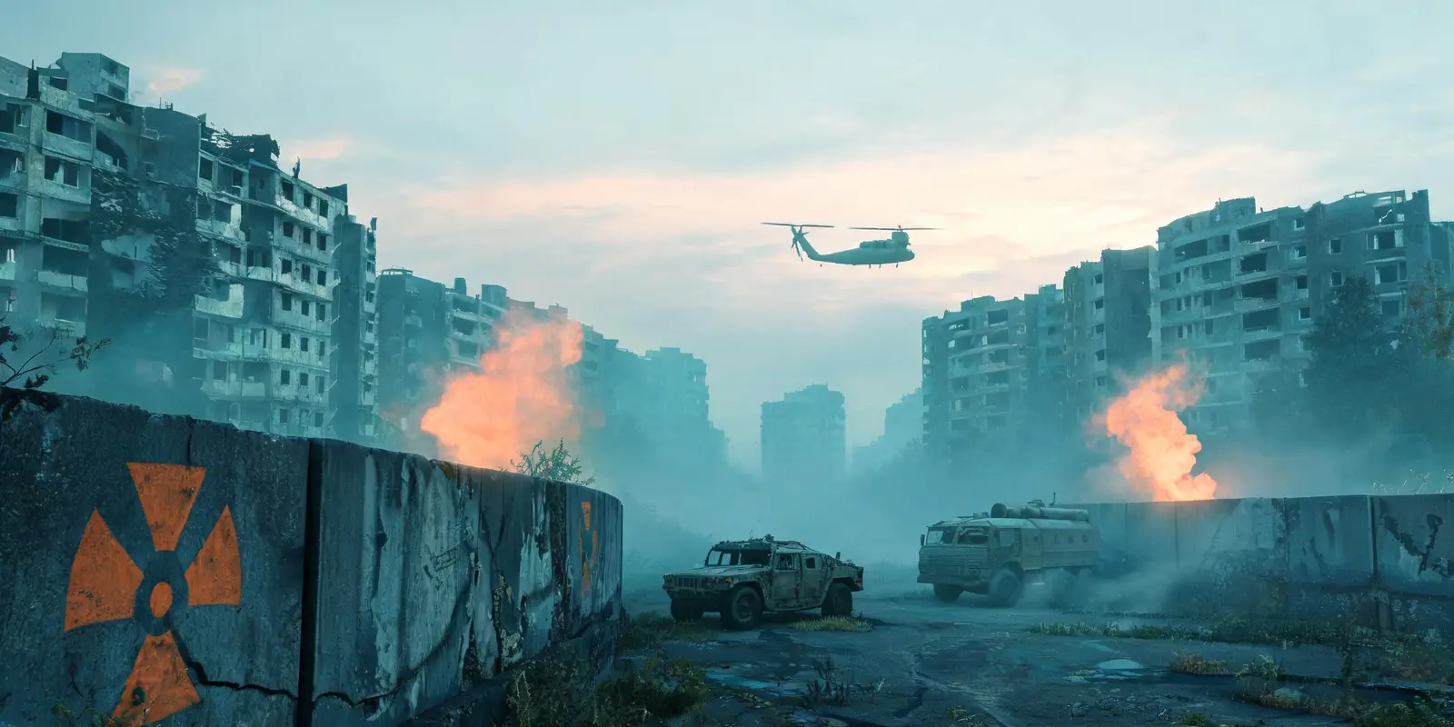 Exclusion zone skyline with smoke and a helicopter